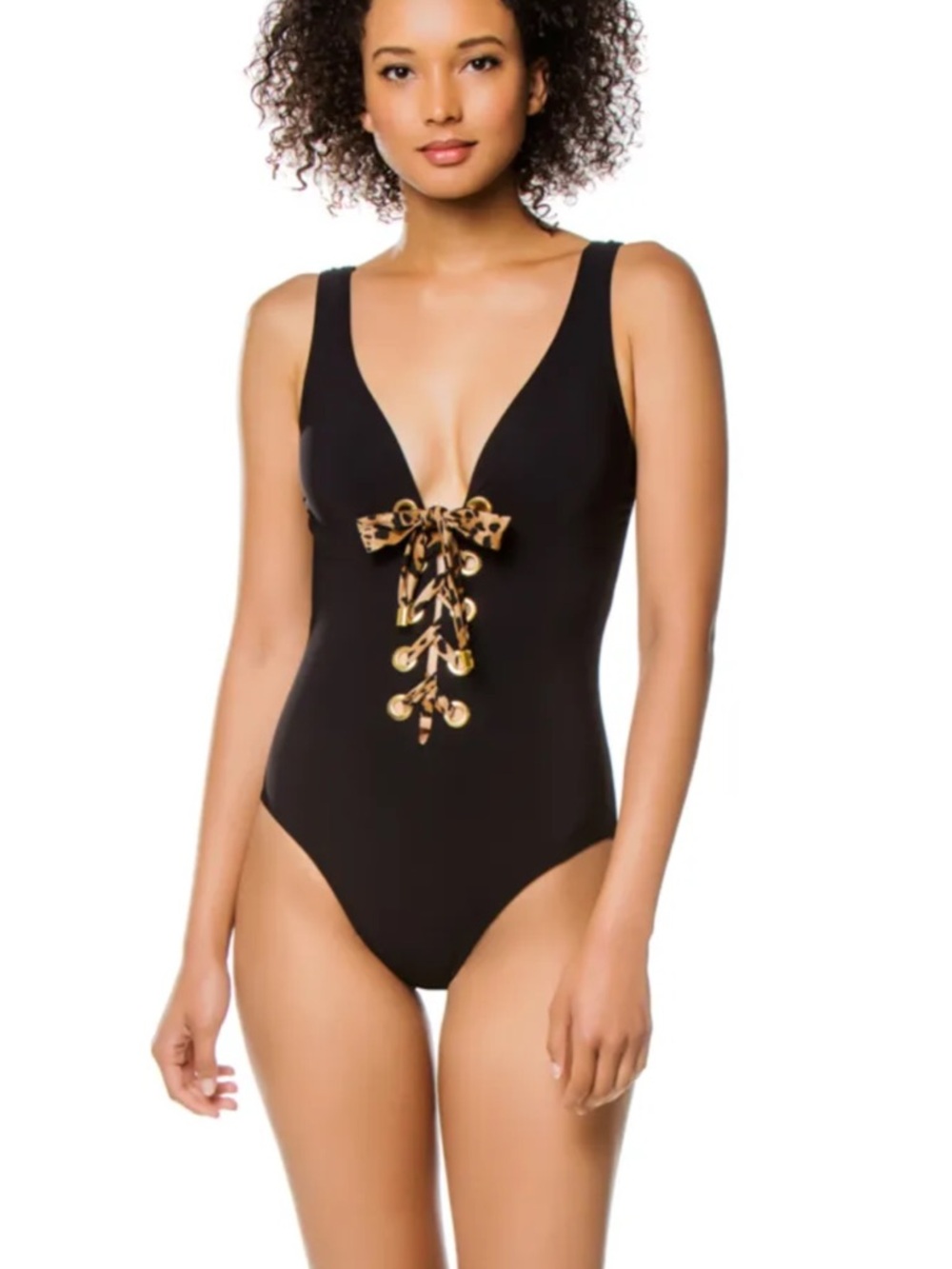 Karla Colletto Black One Piece Swimsuit with a Leopard Print Tie Size 10